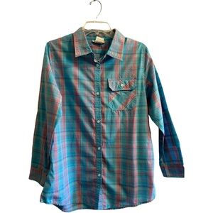 Western Blue Plaid Cowgirl Shirt, Womens Medium, Roll Tab Sleeves CW Classics